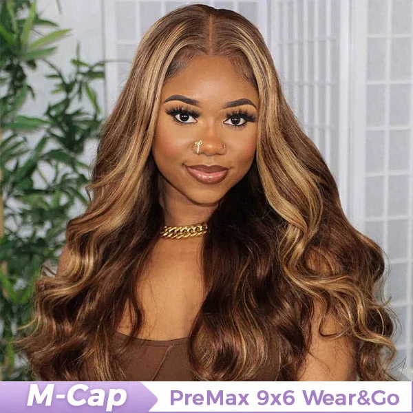 high-quality synthetic wigs for realistic look -OQ HAIR M-cap Body Wave 4/27 Highlight Color Pre Cut 9x6 Lace Wear Go Glueless Wigs Invisible Knots With Pre-Plucked Hairline