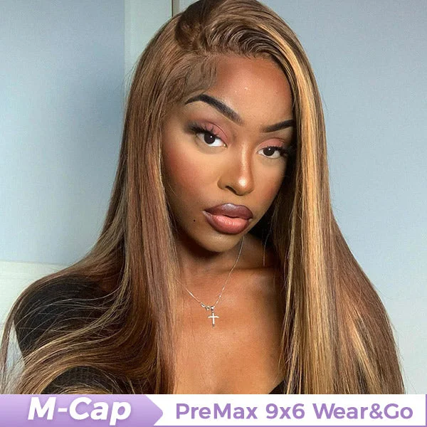 full lace wigs for better flexibility and comfort -OQ HAIR M-cap Straight Hair 4/27 Highlight Color Wear Go Glueless Wigs Invisible Knots Pre Cut 9x6 Lace Wigs