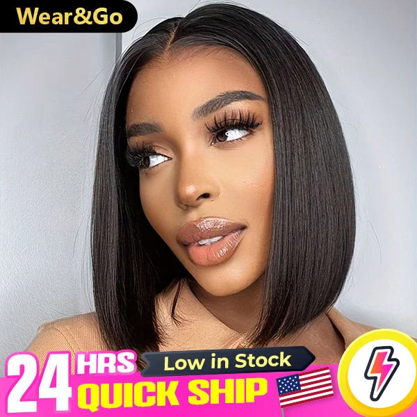 heat-safe wigs for styling with curling irons -US Warehouse Quick Ship | Wear Go Glueless Wigs 4x6 Pre Cut HD Lace Straight Short Bob Wigs