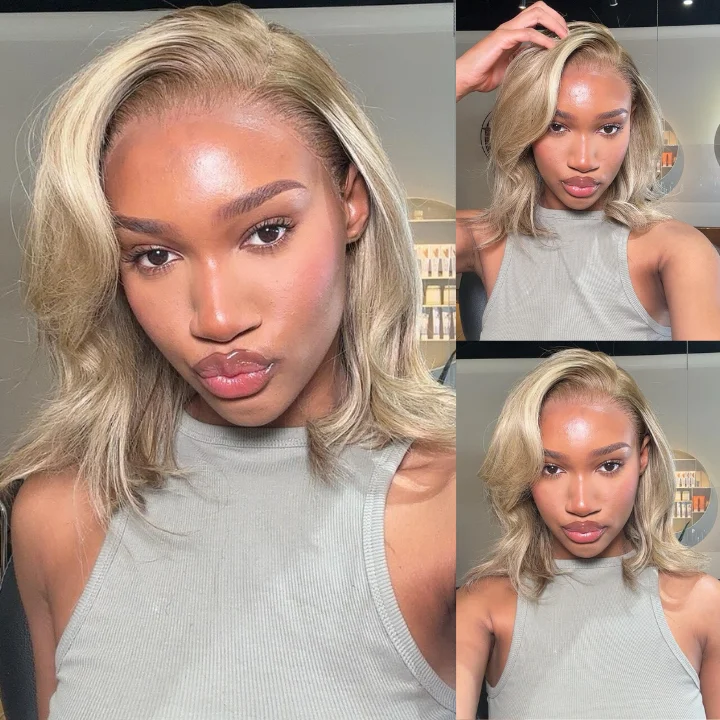 affordable wigs with fast delivery -Ombre Ash Blonde Brazilian Straight Short Bob Wigs Transparent Lace Frontal Wig Pre Plucked Glueless Lace Wigs No Code Needed -Amanda Hair