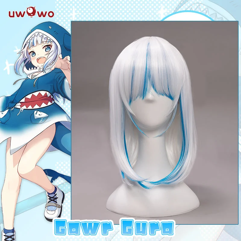 curly bob wigs for youthful and trendy style -Uwowo Cosplay Gawr Gura Cosplay Wig Tail Shark GAWRGURA 40cm White Blue Gradient Wig