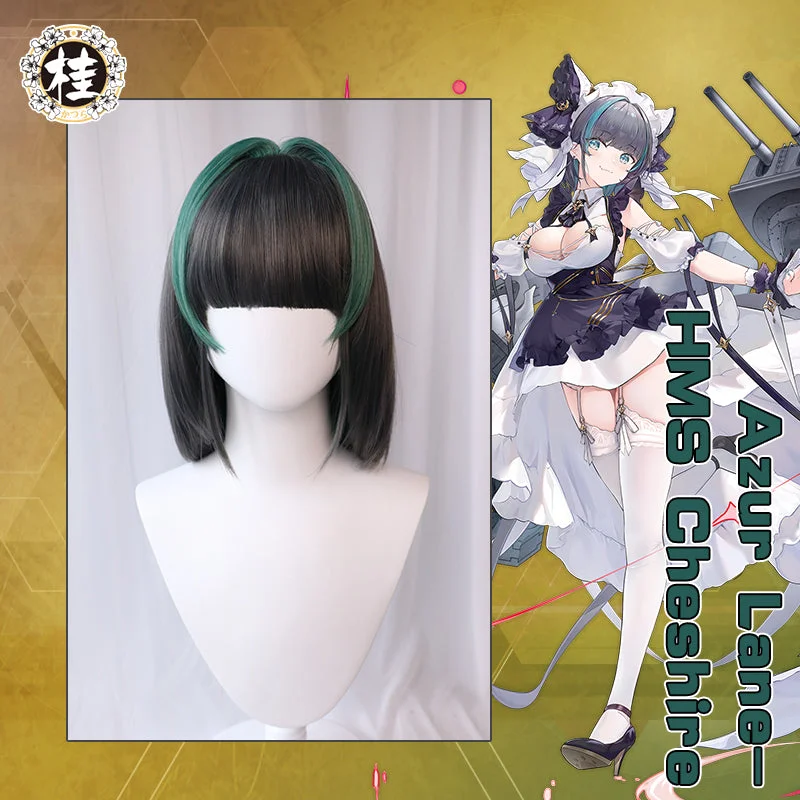 synthetic lace wigs for an affordable alternative -Uwowo Game Azur Lane Royal Navy HMS Cheshire Cosplay Wig 35CM Gray and Green Wig