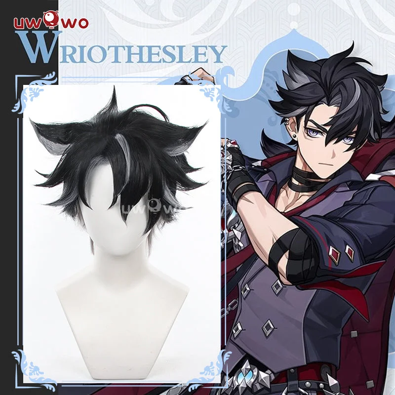 voluminous wigs for thicker hair appearance -Uwowo Game Genshin Impact Wriothesley Cosplay Wig Black Short Hair