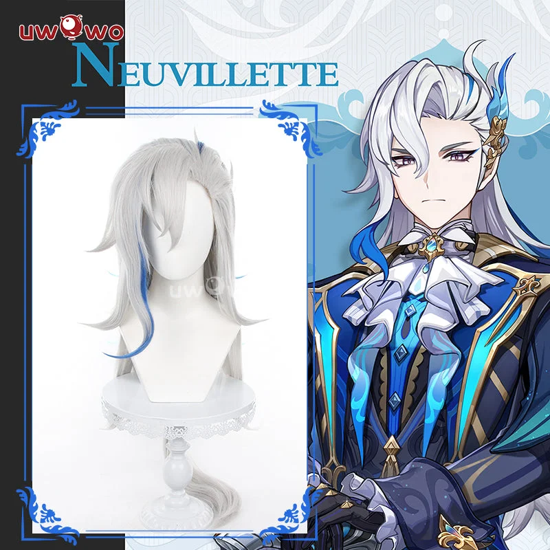 wigs for women with thin or fine hair -Uwowo Genshin Impact Neuvillette Cosplay Wig Silver Long Hair