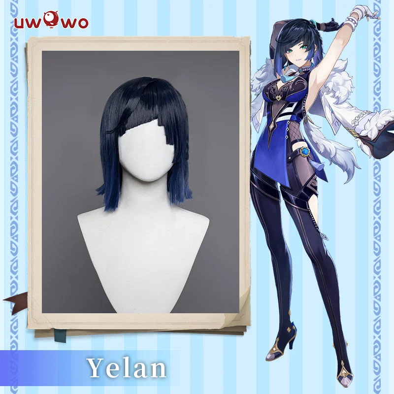 medium-length straight wigs for elegant looks -Uwowo Genshin Impact Yelan Liyue Hydro Female Cosplay Wig Short Blue Hair