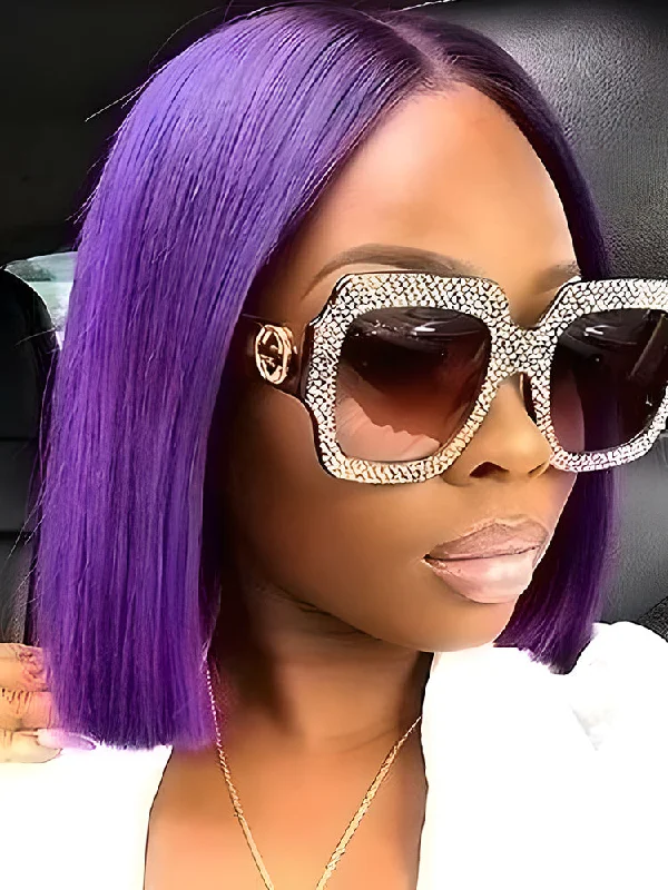 luxurious human hair wigs for a premium finish -CurlyMe Attractive Purple Straight Hair 13x4 Transparent Lace Front Bob Wigs