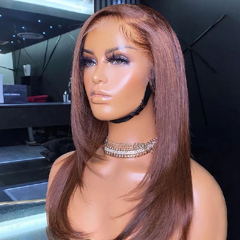 trendy lace front wigs for a flawless appearance -Reddish Brown Straight 13x4 Lace Front Straight Butterfly Haircut #33 Auburn Brown Wig Layered Hair