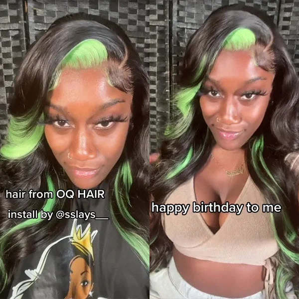 full lace wigs for seamless natural look -Skunk Stripe Green/ Red & Black Color Body Wave 13x4 Lace Frontal Wigs For Women