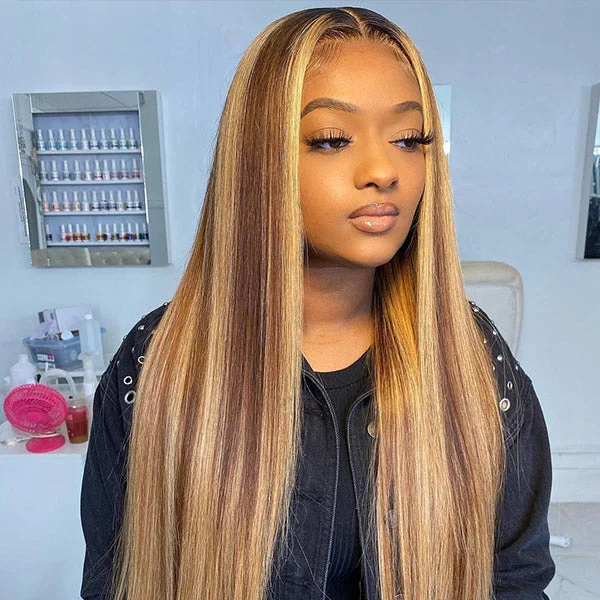 sleek wigs for smooth and polished appearance -OQ HAIR Straight Highlight Ombre 4/27 Wear Go Glueless Wig 7x5 Pre-cut Lace Wig