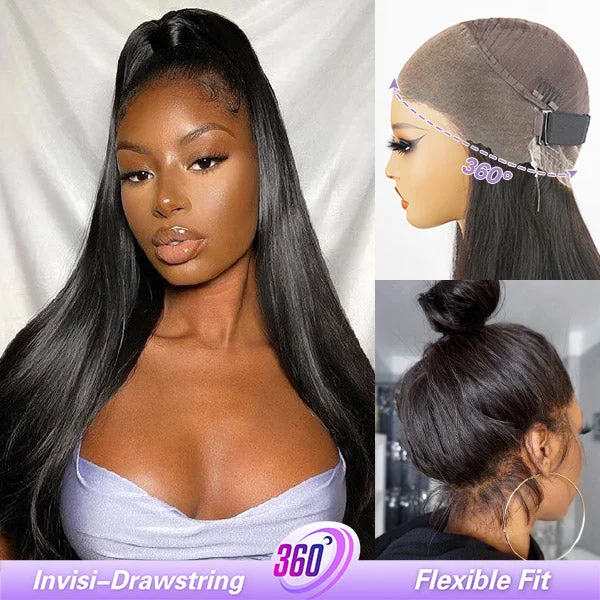 high-quality lace front wigs for flawless blending -OQ Hair Straight Invisi Drawstring Flexible Fit 360 Glueless Wig Pre-Cut Lace Bleached Knots Wig