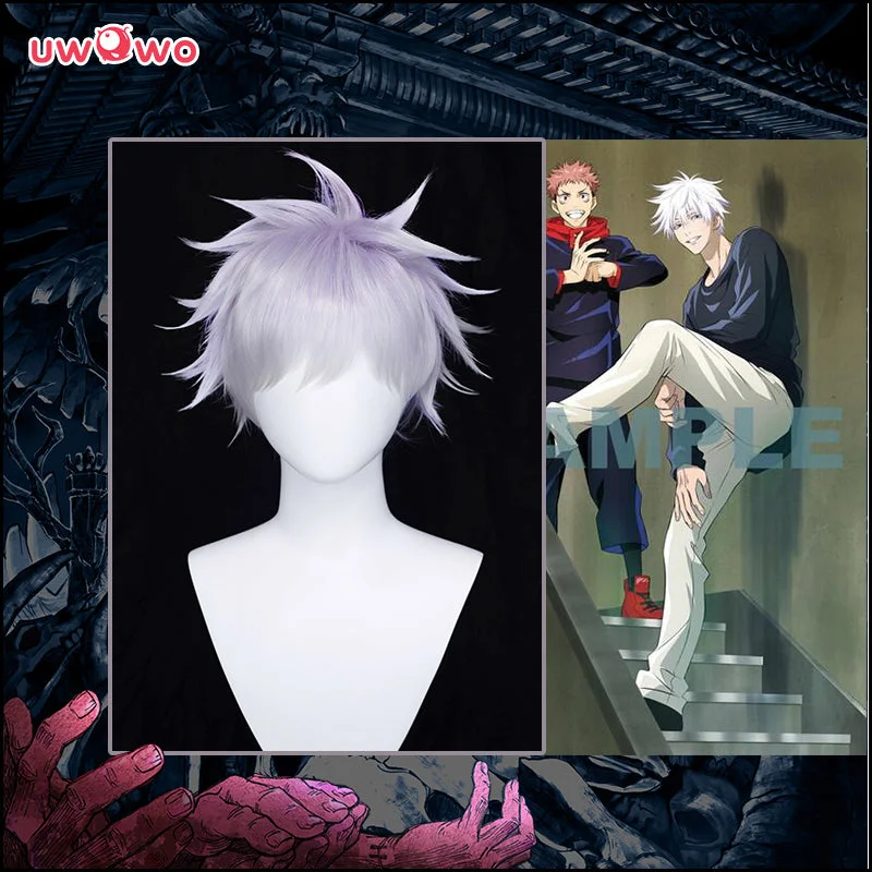 fashionable wigs for special events -Uwowo Anime Jujutsu Kaisen Satoru Gojo Cosplay Wig 28CM Light purple white Gradient Short Hair