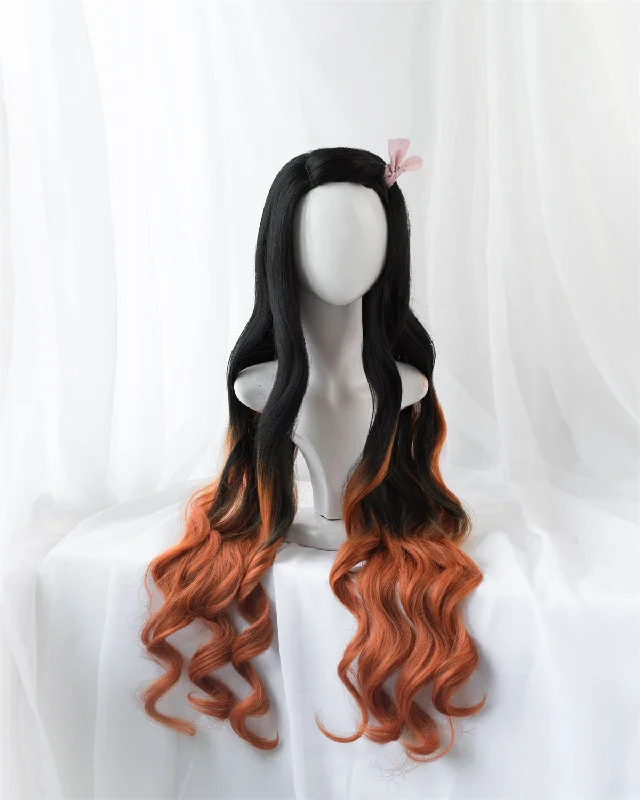 voluminous wigs for thick and lush hair -Uwowo Anime Nezuko Cosplay Wig 95cm Long Wavy Black Orange Gradient Wig