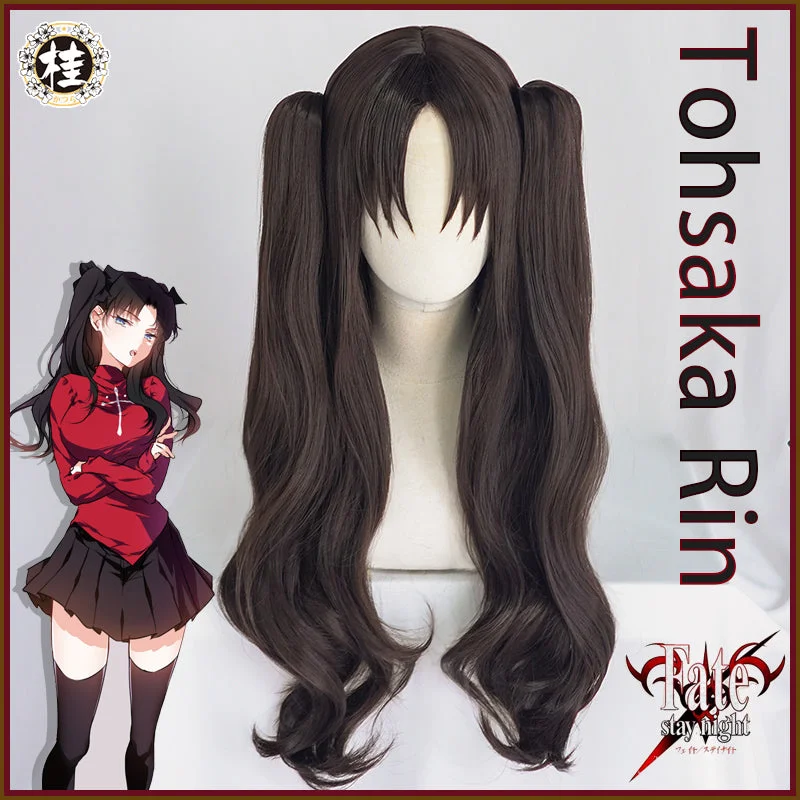 full coverage wigs for a fuller, thicker look -UWOWO Fate Grand Order Tohsaka Rin Ishtar Cosplay Wig 80cm long Brown Double Tail Hair