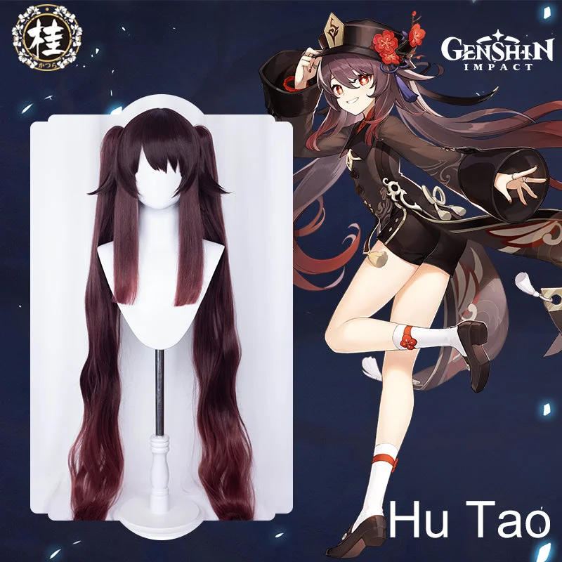 long curly wigs for a natural, textured look -Uwowo Genshin Impact Cosplay Hu Tao Cosplay Wig 115cm Brown Claw Clip Ponytail Hutao Hair