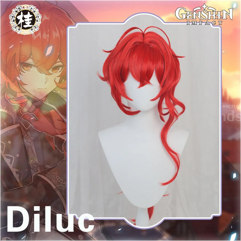 wigs for men with thinning hair or bald spots -Uwowo Game Genshin Impact Diluc The Dark Side of Dawn Cosplay Wig 80cm Red Long Hair