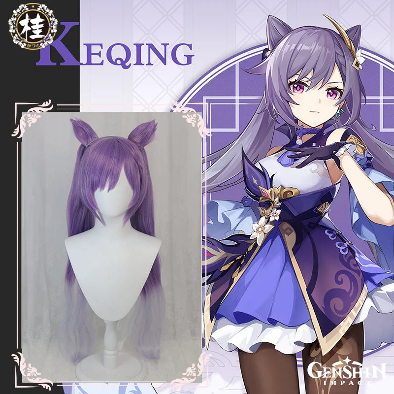 short pixie wigs for edgy and modern look -Uwowo Game Genshin Impact Keqing Driving Thunder Cosplay Wig Yuheng of the Liyue Qixing 80cm Purple Gray Gradient Twin tail Hair