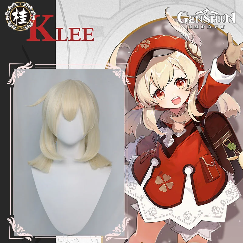 stylish synthetic wigs for everyday wear -Uwowo Game Genshin Impact Klee Fleeing Sunlight Cosplay Wig Spark Knight Red Burny Girl 40cm Cream gold Twin tail Hair