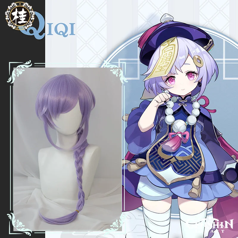 natural-looking wigs for everyday convenience -Uwowo Game Genshin Impact Qiqi Pharmacist Cosplay Wig Icy Resurrection 85cm Light Purple Braided Hair