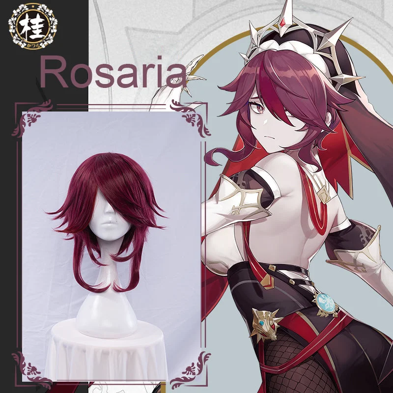 sleek straight wigs for a sophisticated look -Uwowo Game Genshin Impact Rosaria Cosplay Wig 35cm Red wine Short Hair