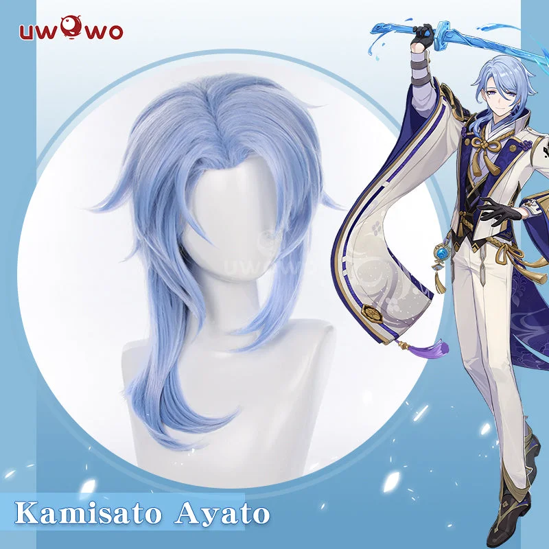 stylish lace front wigs for versatile styles -Uwowo Genshin Impact Kamisato Ayato Male Cosplay Inazuma Costume Wig 45CM Blue Wig