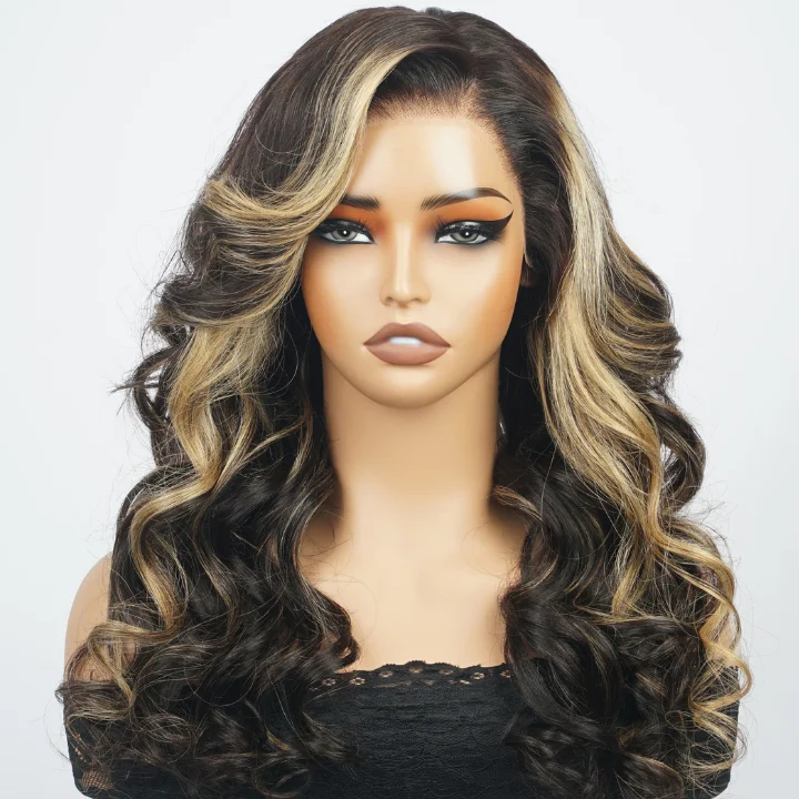 curly wigs for women with textured hair -Vibrant Blonde Highlights on Luxurious Lace Frontal Wig - Bouncy Body Wave  Clear Transparent Lace Front/Closure Wig- Amanda Hair