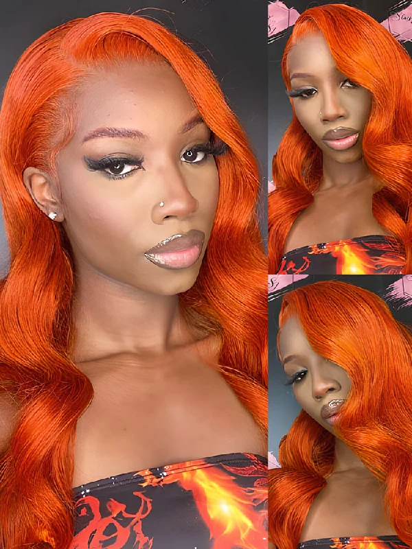 wigs for women with receding hairlines -CurlyMe Bright Orange Body Wave Hair 13x4 Lace Front Wigs Colored Hair