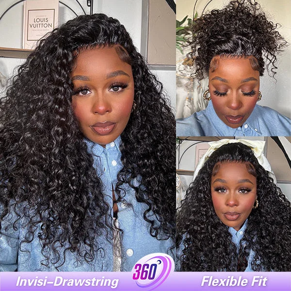 natural curly wigs for a fresh and natural style -OQ Hair Water Wave Invisi-Drawstring Flexible Fit 360 Lace Frontal Glueless Wig With Bleached Knots