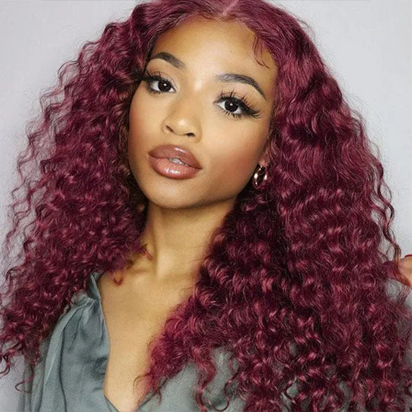 short textured wigs for modern looks -Glueless Color Wigs Water Wave 99J Burgundy Color Wear Go Glueless Wig Pre-cut Lace Wig Preplucked 4x6 HD Lace Wig