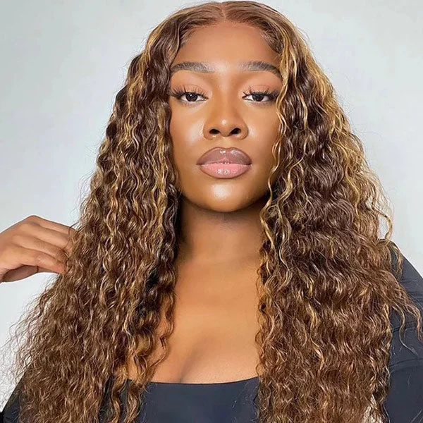 glueless wigs for a quick and easy fit -Water Wave 4/27 Highlight Wear Go Glueless Wig Pre-cut Lace Wig 4x6 HD Lace Wig Preplucked with Natural Hairline